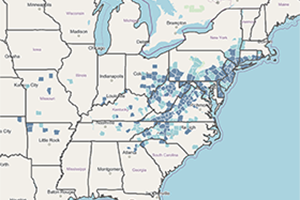 Asian Longhorned Tick distribution map: mid-eastern seaboard states to as far west as Kansas City.