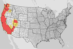 Western Blacklegged Tick distribution map: entire west coast and parts of western Arizona and Nevada.